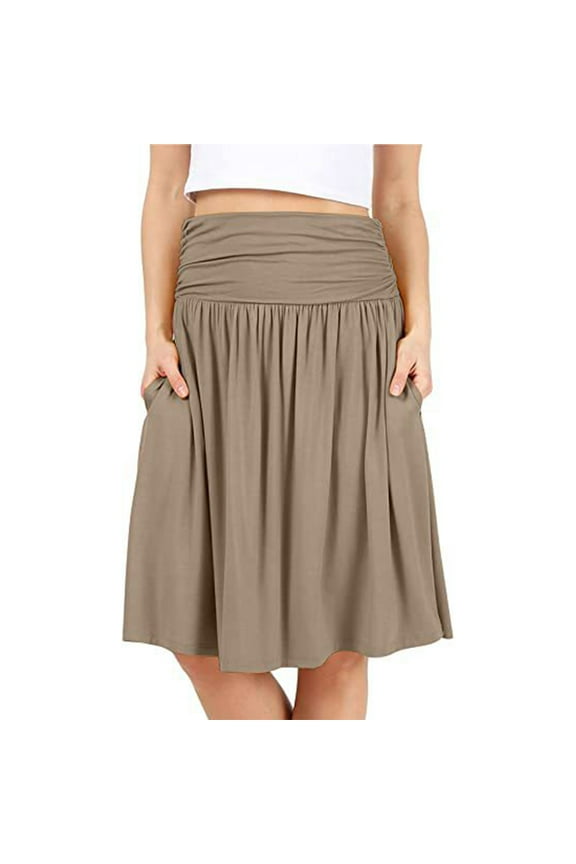 Pntutb Womens Summer Skirts Solid Color Pleated Flowing Knee-Length Half-Body Skirt