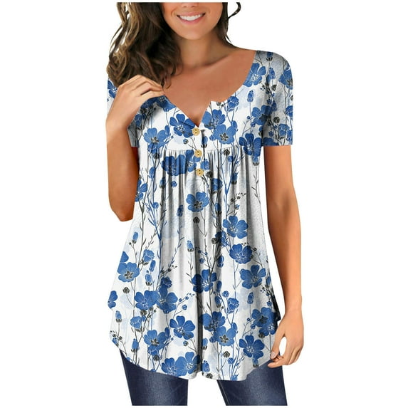Pntutb Womens Summer Tunic Tops Short Sleeve Clearance Casual V Neck Hide Belly Tee Blouses
