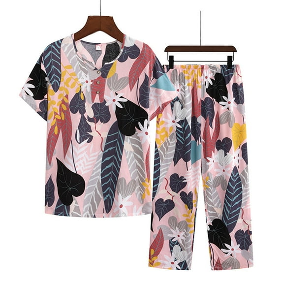 Pntutb Womens Summer Two Piece Set Short Sleeve Round Neck Pajama Set Tops Pants Set