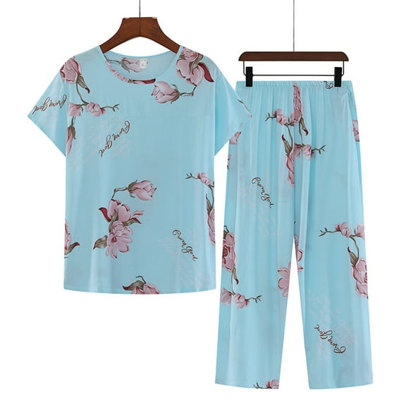 Pntutb Womens Summer Two Piece Set Short Sleeve Round Neck Pajama Set Tops Pants Set