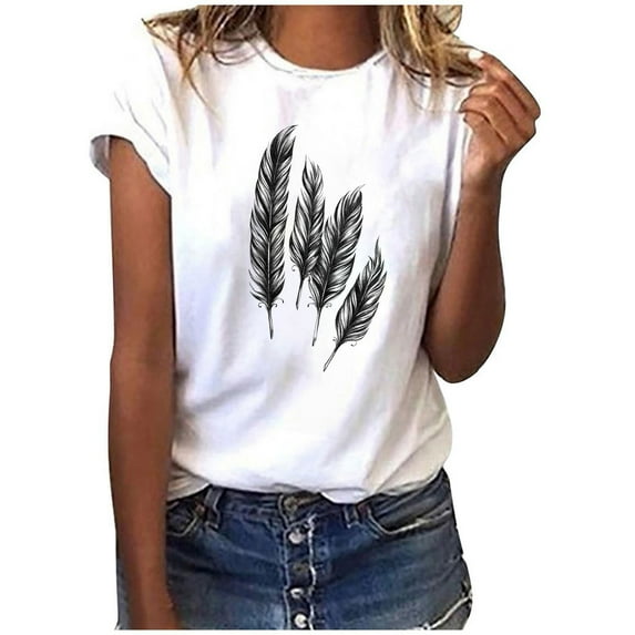 Pntutb Womens T-Shirt Tops Short Sleeve Fashion Feather Print Casual Tee Blouses