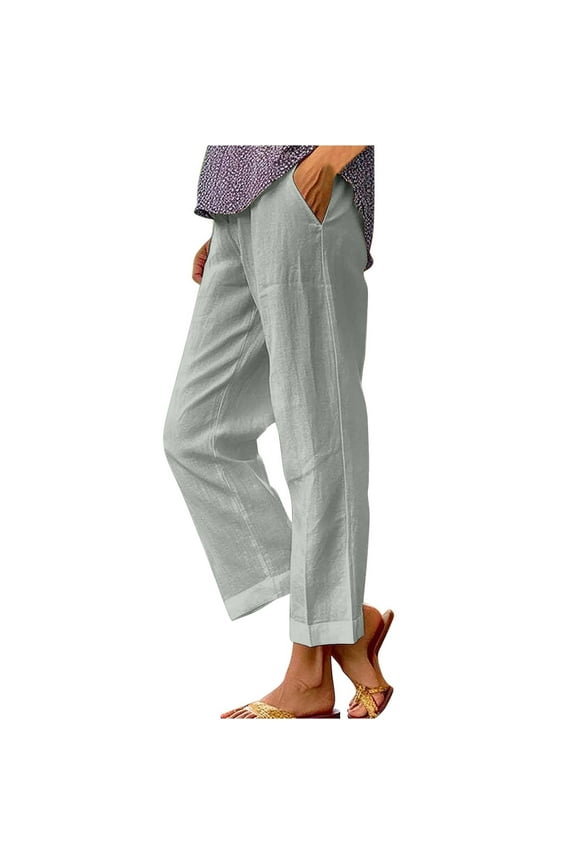 Pntutb Womens Trousers Elastic Waist Cotton Linen Versatile Straight Tube Casual Wide Leg Pants