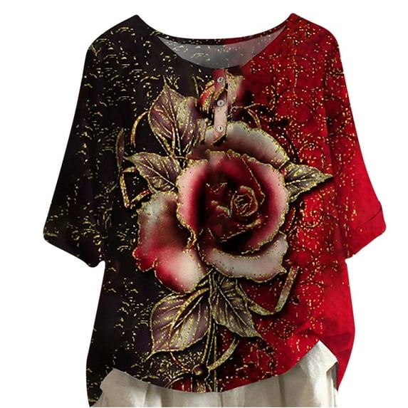 Pntutb Womens Tshirts,Woman Casual Round Neck Short Sleeve Blouse Buttons Print Loose Tshirt Tops