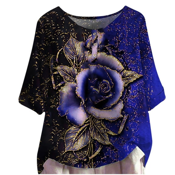 Pntutb Womens Tshirts,Woman Casual Round Neck Short Sleeve Blouse Buttons Print Loose Tshirt Tops