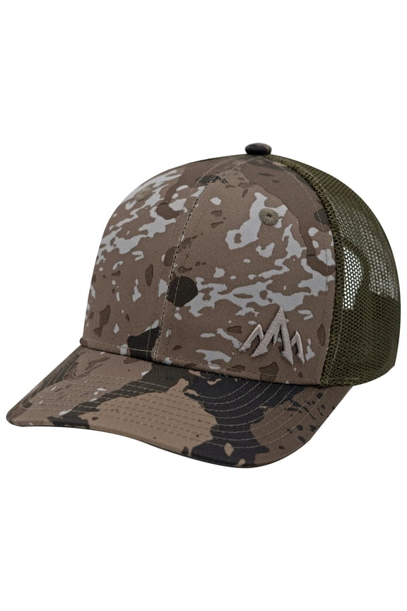 Caza OV Trucker Cap, Camo Pattern, Adjustable Snapback, Pre-Curved, Mountain Embroidery (CP-OV-TR)