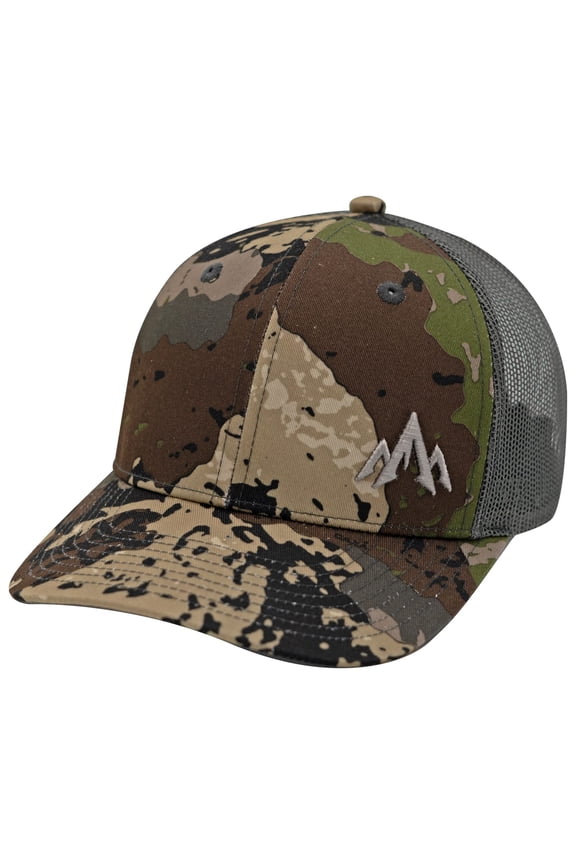 Caza Trucker Cap, Camo Pattern, Adjustable Snapback, Pre-Curved, Mountain Embroidery (CP-TR-CZ)