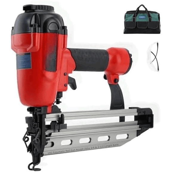 Pnumatic Finish Nailer,16Gauge nail Gun Acepts 3/4 Inch up to 2-1/2 Inch finish Nails.Brad Nailer Gun Can Hit Hardwood Ideal for Upholstery, Woodworking Door (Include portable bag)