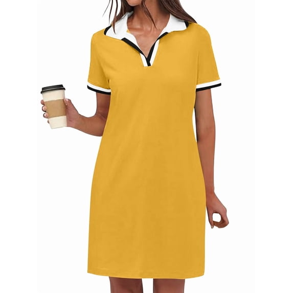 Po-Lo Dresses for Women Short Sleeve Tennis Golf Dress V Neck Summer Casual Dress with Pocket Yellow M