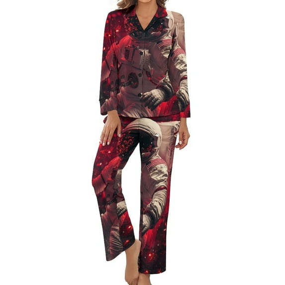 PoBuds Women's Long Sleeve Flannel Pajama Set Sleepwear Christmas Astronaut XL