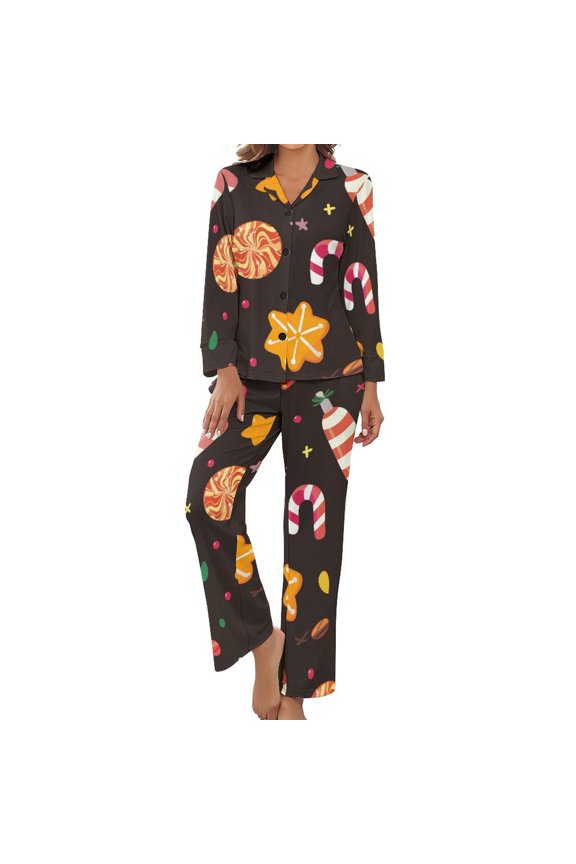 Women's Long Sleeve Flannel Pajama Set Sleepwear Christmas Candy Pattern XL
