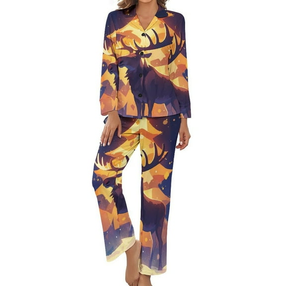 PoBuds Women's Long Sleeve Flannel Pajama Set Sleepwear Christmas Deer L