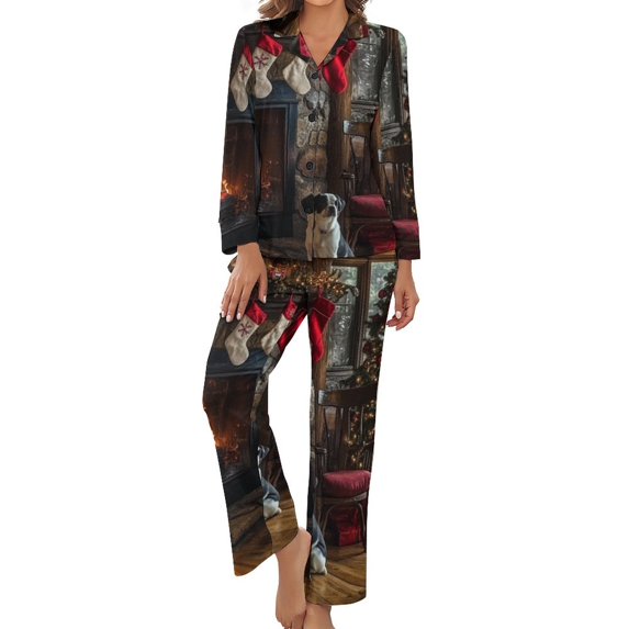 PoBuds Women's Long Sleeve Flannel Pajama Set Sleepwear Christmas Fireplace Tree Warm Indoor S