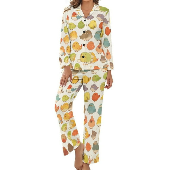 PoBuds Women's Long Sleeve Flannel Pajama Set Sleepwear Cute Bird Cartoon S