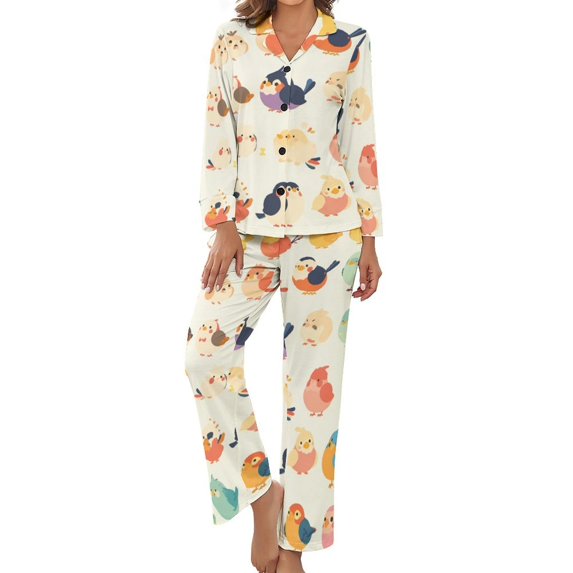 PoBuds Women's Long Sleeve Flannel Pajama Set Sleepwear Cute Bird Cartoon XL