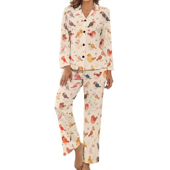 PoBuds Women's Long Sleeve Flannel Pajama Set Sleepwear Cute Bird Cartoon XL