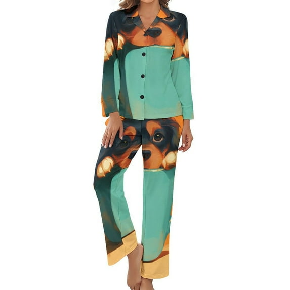 PoBuds Women's Long Sleeve Flannel Pajama Set Sleepwear Cute Dog In Teacup S