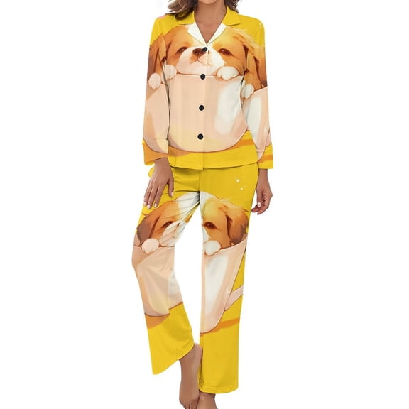 PoBuds Women's Long Sleeve Flannel Pajama Set Sleepwear Cute Dog In Teacup XL
