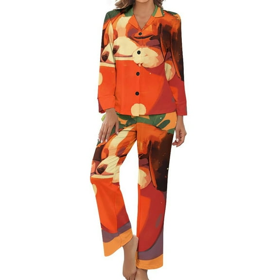 PoBuds Women's Long Sleeve Flannel Pajama Set Sleepwear Cute Doggie Teacup L