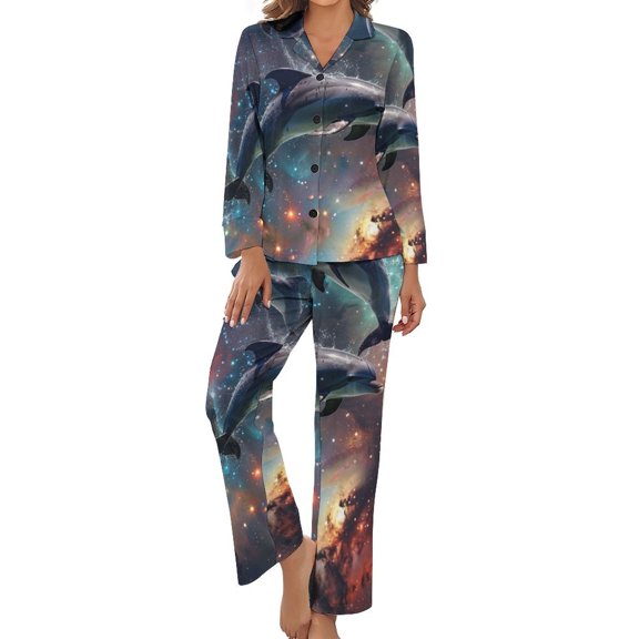 PoBuds Women's Long Sleeve Flannel Pajama Set Sleepwear Dolphins Galaxy M