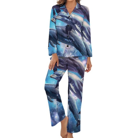 PoBuds Women's Long Sleeve Flannel Pajama Set Sleepwear Dolphins Universe XL
