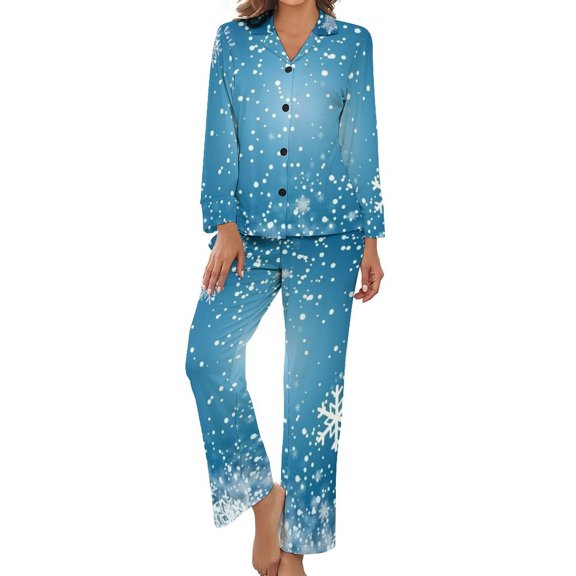 PoBuds Women's Long Sleeve Flannel Pajama Set Sleepwear Elegant Christmas with Snowflake M