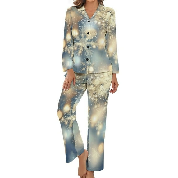PoBuds Women's Long Sleeve Flannel Pajama Set Sleepwear Elegant Christmas with Snowflake XL