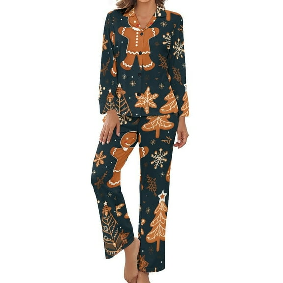 PoBuds Women's Long Sleeve Flannel Pajama Set Sleepwear Ginger Christmas Tree M