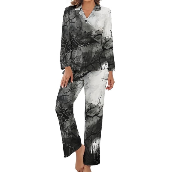 PoBuds Women's Long Sleeve Flannel Pajama Set Sleepwear Halloween Cob Web S