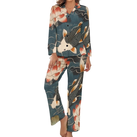 PoBuds Women's Long Sleeve Flannel Pajama Set Sleepwear Koi Fish Vintage Lotus S