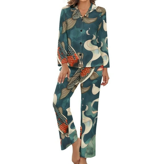 PoBuds Women's Long Sleeve Flannel Pajama Set Sleepwear Koi Fish Vintage Lotus XL