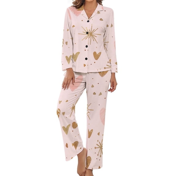 PoBuds Women's Long Sleeve Flannel Pajama Set Sleepwear Line Heart Christmas XL