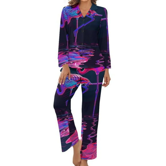 PoBuds Women's Long Sleeve Flannel Pajama Set Sleepwear Neon Flamingo L