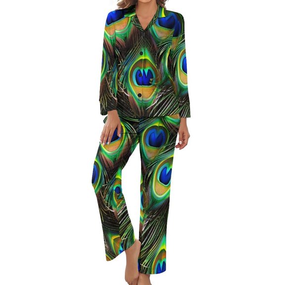 PoBuds Women's Long Sleeve Flannel Pajama Set Sleepwear Peacock S