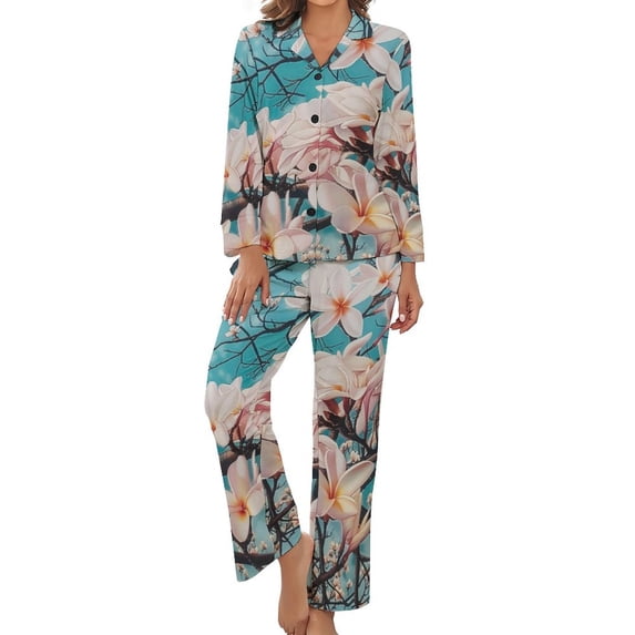 PoBuds Women's Long Sleeve Flannel Pajama Set Sleepwear Plumeria Flowers M