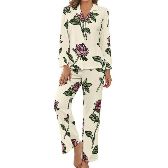 PoBuds Women's Long Sleeve Flannel Pajama Set Sleepwear Rose Illustration L