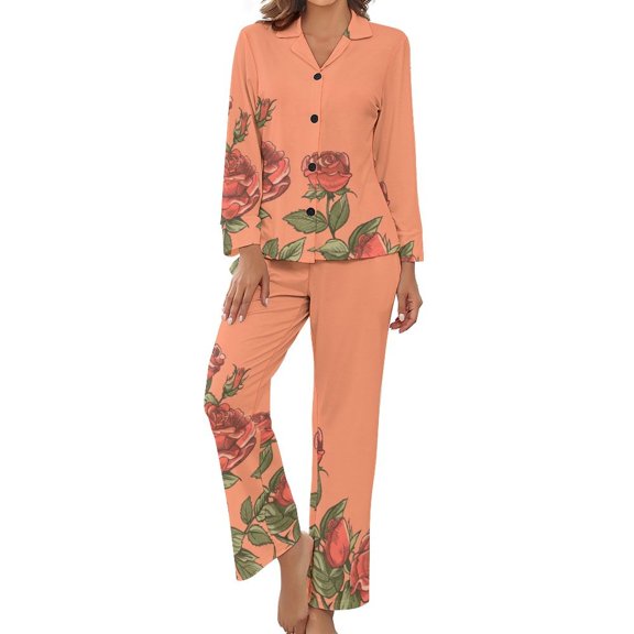 PoBuds Women's Long Sleeve Flannel Pajama Set Sleepwear Rose Pattern M