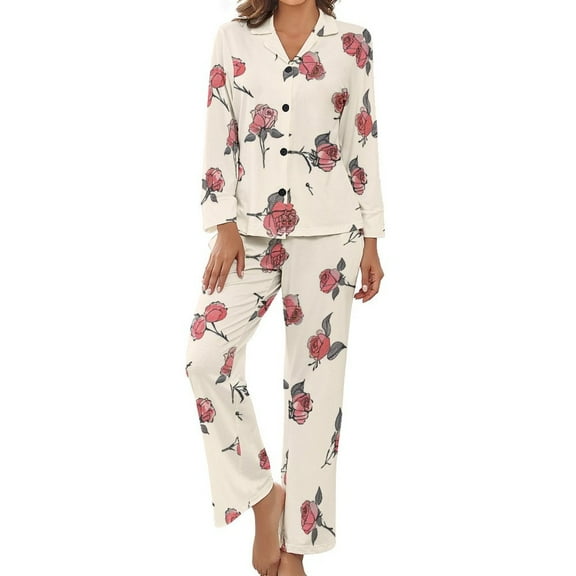 PoBuds Women's Long Sleeve Flannel Pajama Set Sleepwear Rose Pattern S