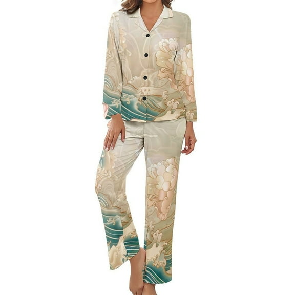 PoBuds Women's Long Sleeve Flannel Pajama Set Sleepwear Wave Peony S