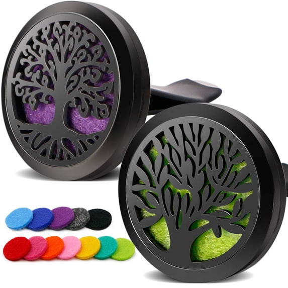 PoP voice 2PCS Tree of Life Car Diffuser Aromatherapy Essential Oil Black Stainless Steel Locket with Vent Clip 12 Felt Pads