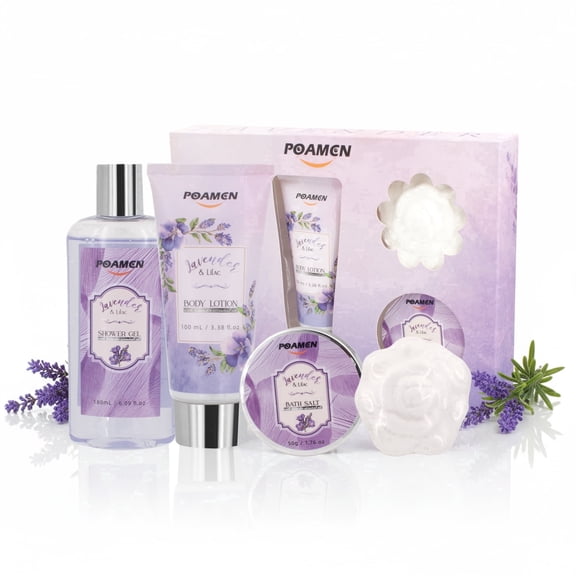 Poamcn Bath and Body Gift Set, Lavender Scent, 4-Piece Home Spa Gift Kits for Women
