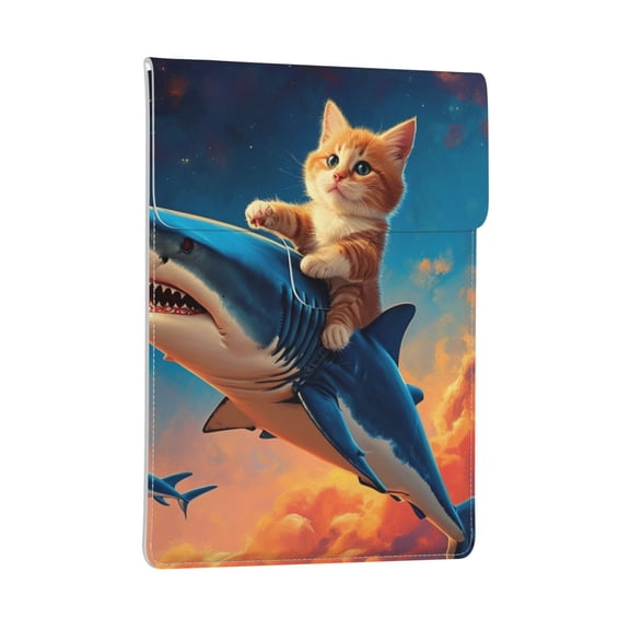 Pobuds Leather Laptop Sleeve, Padded Case, Thin Portable, Versatile Bag - Compatible with 13 inch laptops or MacBook Air Pro 13 inch 2016 or later - Vertical, Cat riding shark (3)