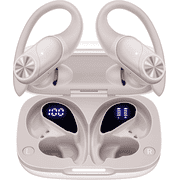 PocBuds Bluetooth Headphones Wireless Earbuds 80hrs Playtime Wireless Charging Case Digital Display Sport Ear Buds with Earhook Deep Bass IPX7 Waterproof Over-Ear Earphones for Phone Laptop Beige
