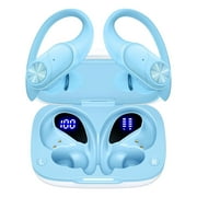 PocBuds Bluetooth Headphones Wireless Earbuds 80hrs Playtime Wireless Charging Case Digital Display Sports Ear Buds with Earhook Deep Bass IPX7 Waterproof Over-Ear Earphones for TV Phone Laptop Blue