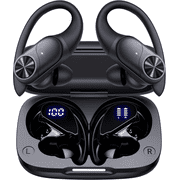 PocBuds Bluetooth Headphones Wireless Earbuds 80hrs Playtime Wireless Charging Case Digital Display Sports Ear Buds with Earhook Deep Bass IPX7 Waterproof Over-Ear Earphones for TV Phone Laptop Black