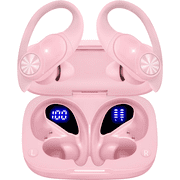 PocBuds Bluetooth Headphones Wireless Earbuds 80hrs Playtime Wireless Charging Case Digital Display Sports Ear Buds with Earhook Deep Bass IPX7 Waterproof Over-Ear Earphones for TV Phone Laptop Pink