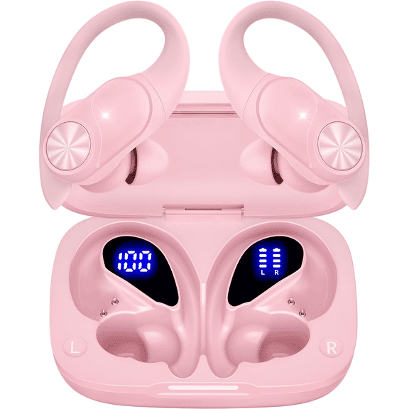 PocBuds Bluetooth Headphones Wireless Earbuds 80hrs Playtime Wireless Charging Case Digital Display Sports Ear Buds with Earhook Deep Bass IPX7 Waterproof Over-Ear Earphones for TV Phone Laptop Pink