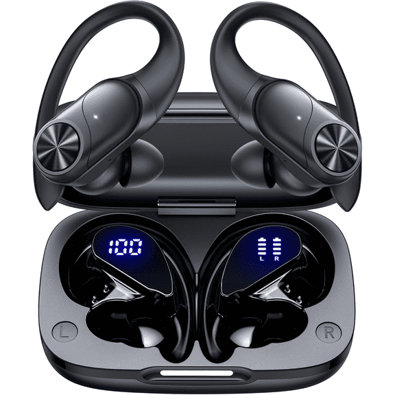 PocBuds Bluetooth Headphones Wireless Earbuds 80hrs Playtime Wireless Charging Case Digital Display Sports Ear Buds with Earhook Deep Bass IPX7 Waterproof Over-Ear Earphones for TV Phone Laptop Black
