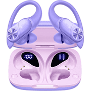 PocBuds Bluetooth Headphones Wireless Earbuds 80hrs Playtime Wireless ChargingCase Digital Display Sports Ear buds with Earhook Deep Bass IPX7 Waterproof Over-Ear Earphones for TV Phone Laptop Purple