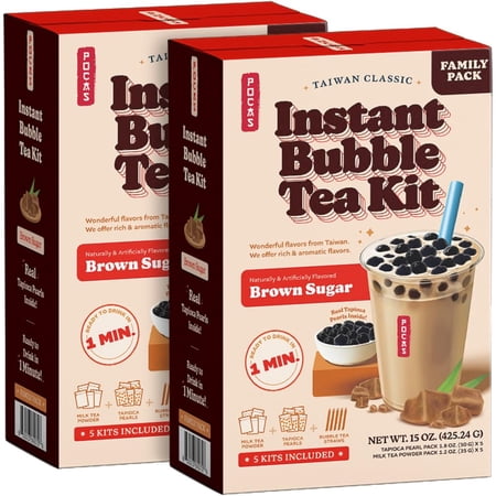Pocas Bubble Tea Kit, Brown Sugar 2-Pack – Instant Milk Tea Powder with Authentic Tapioca Pearls for Instant Bubble Tea, 10 Kits