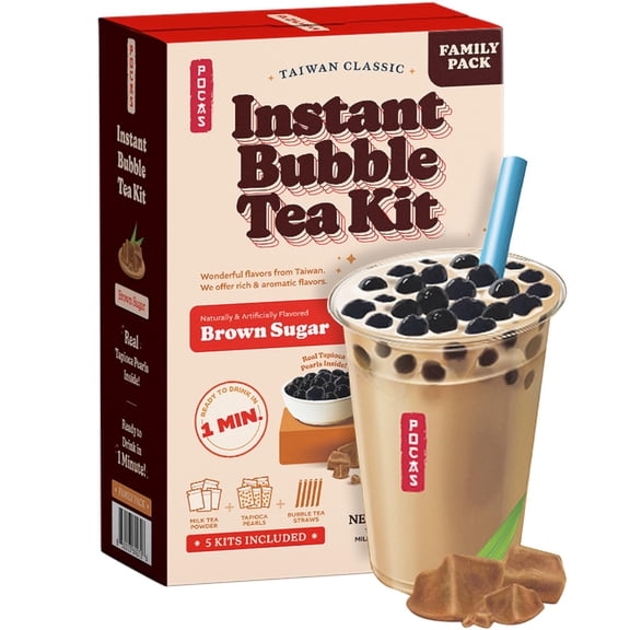Pocas Bubble Tea Kit, Brown Sugar Instant Milk Tea Powder with Authentic Tapioca Pearls for Instant Bubble Tea, 5 Kits 15OZ